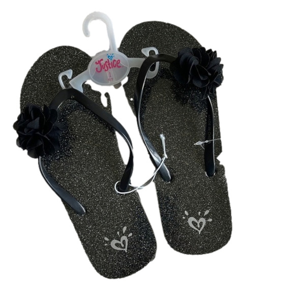 Justice Other - JUSTICE sparkly glitter black flip flops girls 6